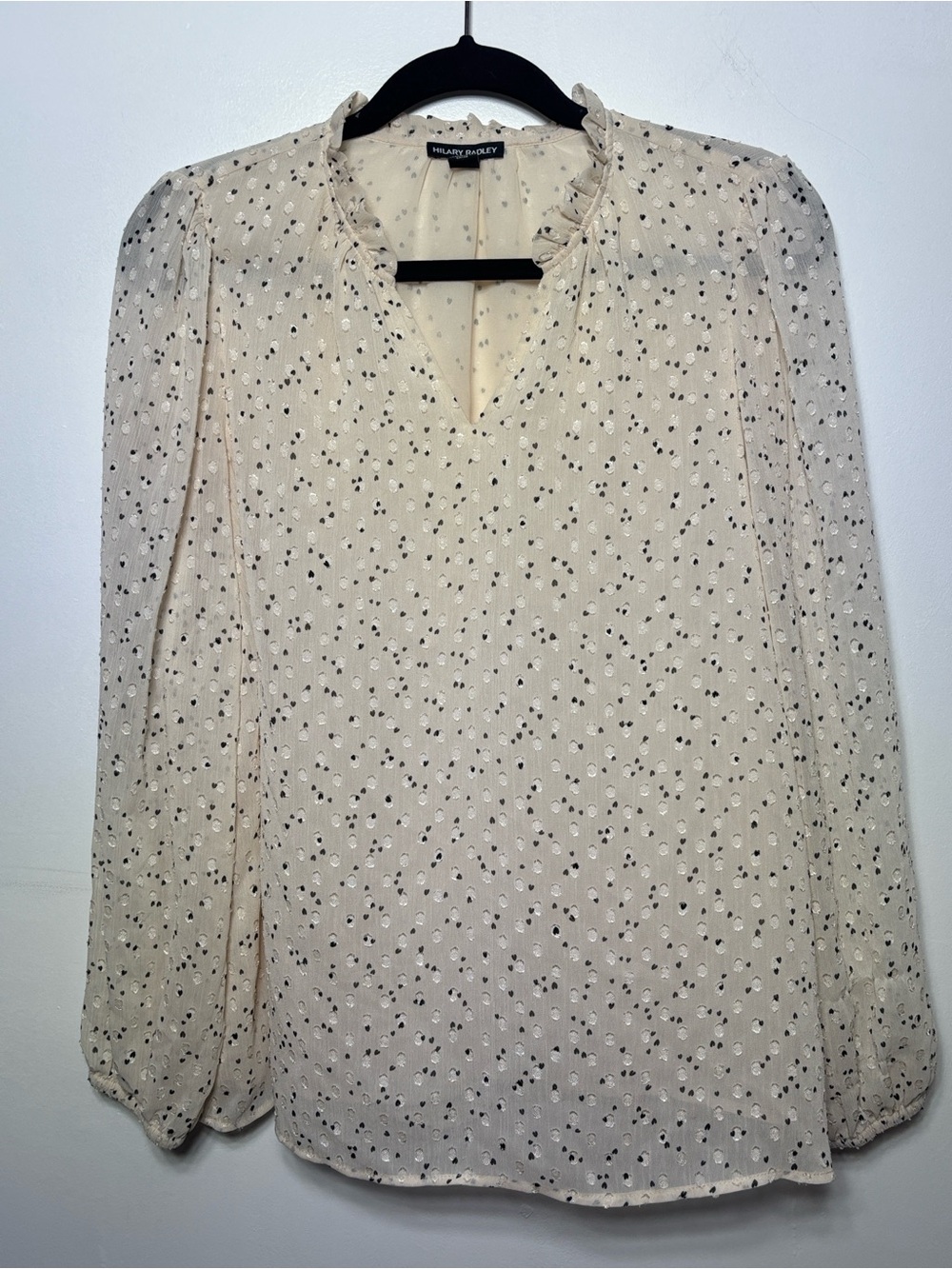 Hilary Radley Small Cream Black Dot Ruffle Neck Puff Sleeve Blouse